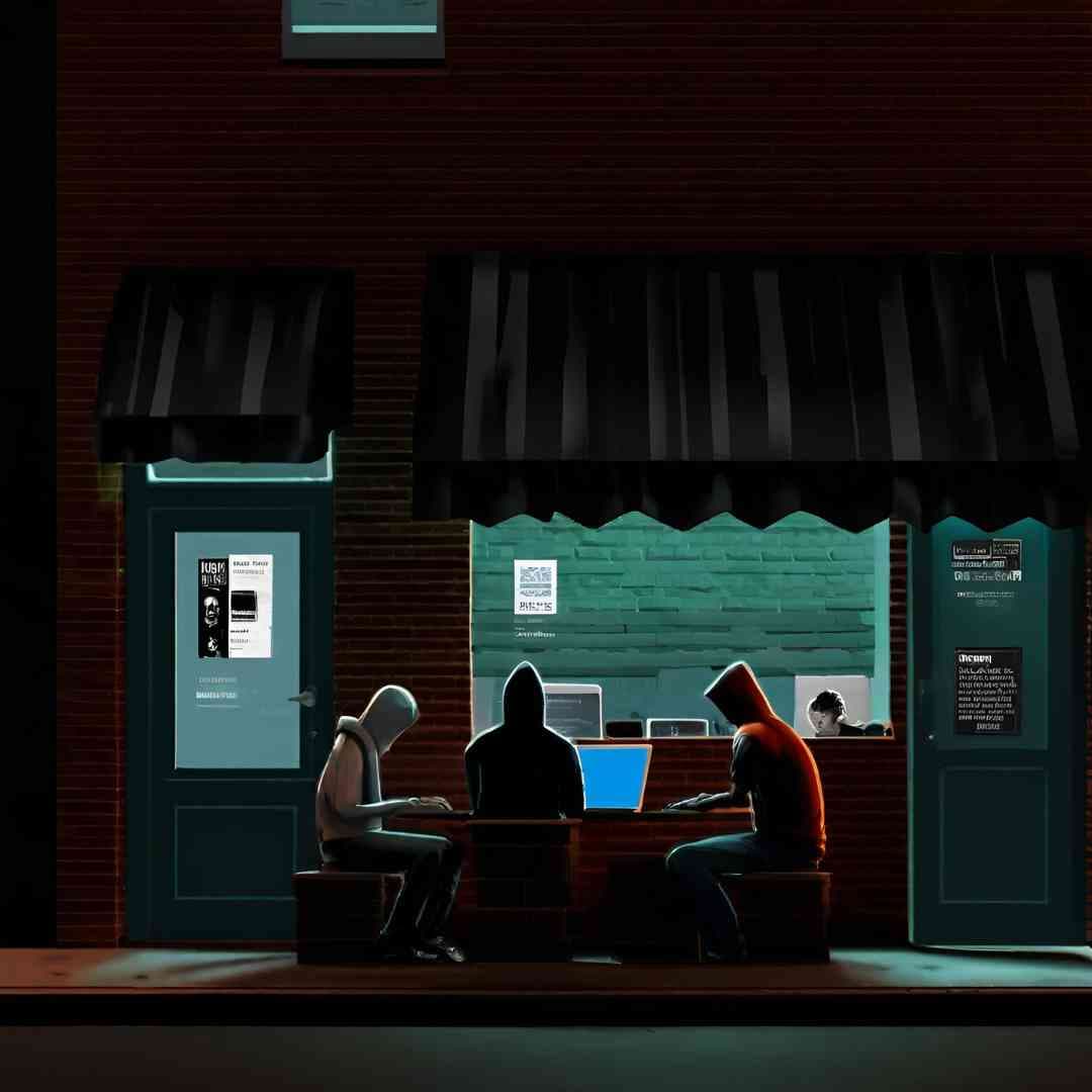Three cybercriminals sitting outside small business storefront