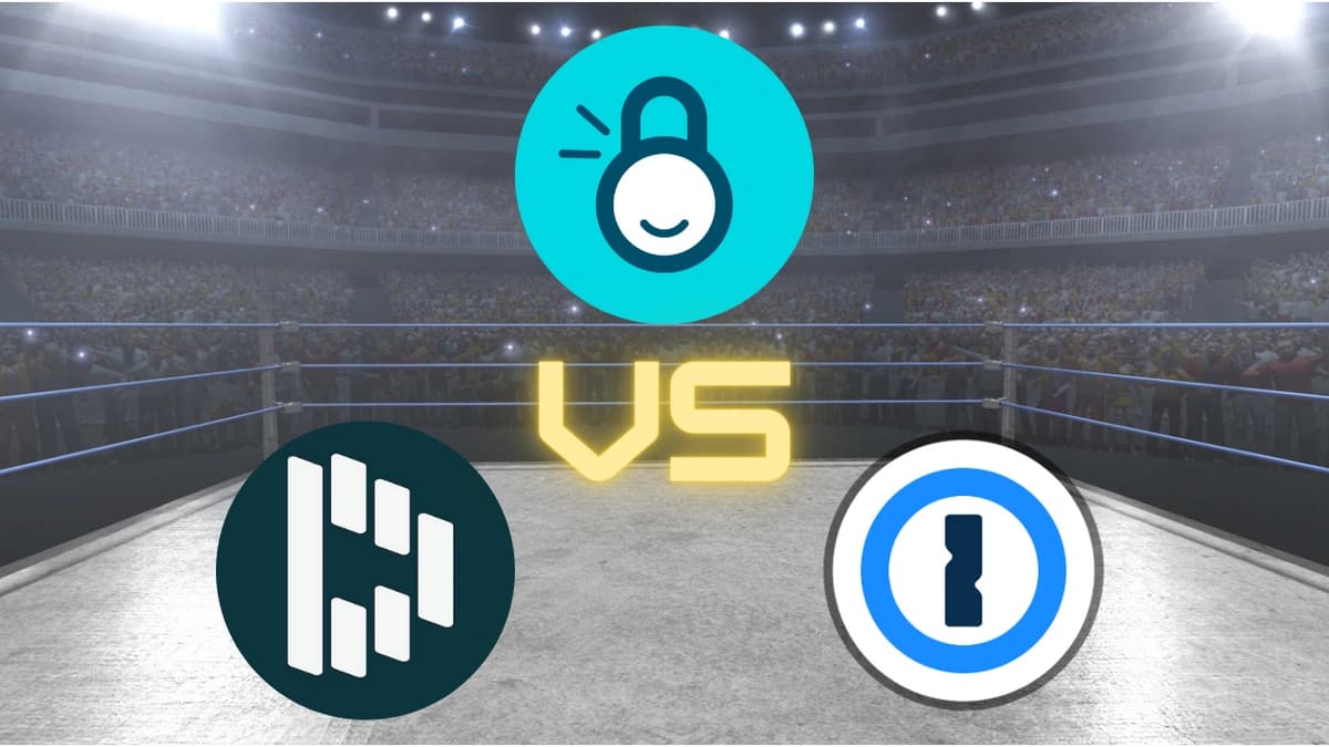 Dashlane icon, TeamPassword icon, and 1Password icon all in a boxing ring with bright lights