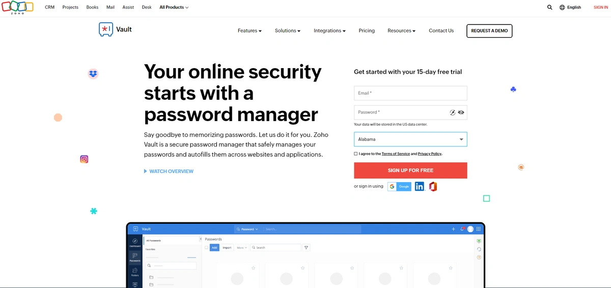 Zoho Vault homepage
